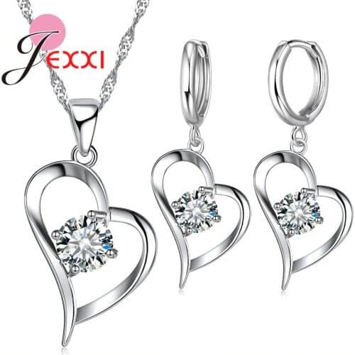 Heart 925 Sterling Silver Jewelry Sets For Women AAA CZ Stone Shiny Pendant Necklace Hoop Earrings For Female Wholesale