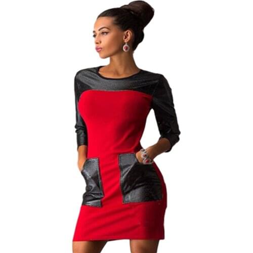 Autumn PU Patchwork Casual Vacation Slim Dress Women knitting O Neck Long-Sleeve Fashion Skinny Lady Mini Wrap Dress 2020 New