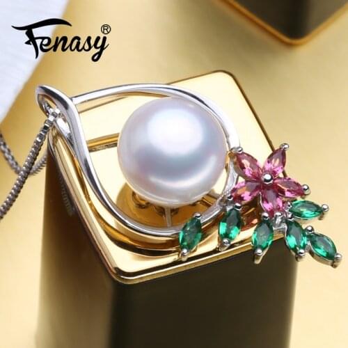 FENASY 925 Sterling Silver Vintage Flower Pendant With Ruby And Green Stones Natural Freshwater Pearl Necklaces For women