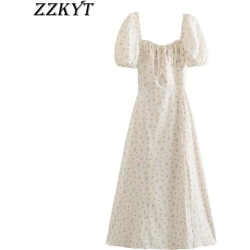 ZZKYT 2021 Women Summer Vintage Floral Print Bow Tie Split Midi Dress Fashion Square Collar Puff Sleeve Female Casual Dresses