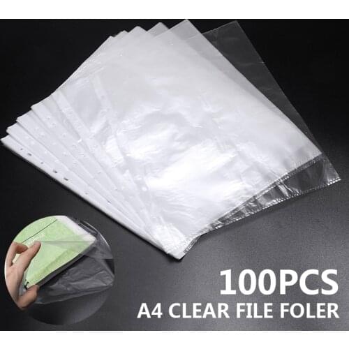100Pcs A4 Clear File Folder Plastic Punched Pockets Folders Filing Sleeves Document Files Protectors Folder Bag