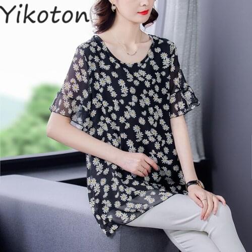 2021 Summer Blouse Shirt Short Sleeve Ladies Loose Flower Chiffon Dress Shirts O-Neck Casual Tops Plus Size 4XL Blusas Chemise