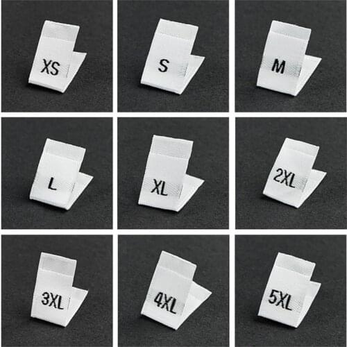 500Pcs Clothing Size Label Black Text White Garment Clothes T Shirt Dress Cloth Fabric Label Tag XS S M L XL 2XL 3XL 4XL 34*12mm