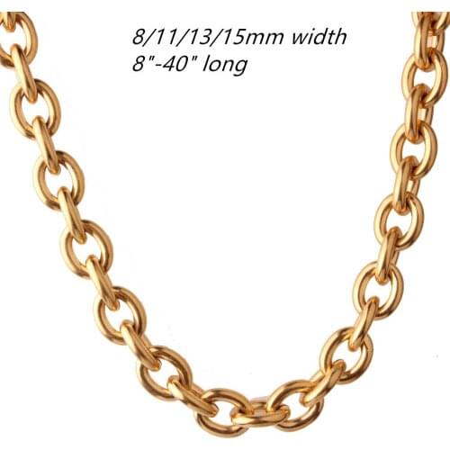 8/11/13/15MM Fashion Jewelry 316L Stainless Steel Gold Tone Rolo Oval Link Chain Men Women Necklace Or Bracelet Bangle 8-40inch