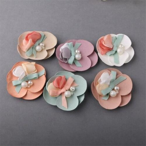 Free Shipping 10PCs Fabric Round Pearls Core Decorated Cotton Jewelry Flowers DIY Ornament Accessories Girls Heaband Ornament