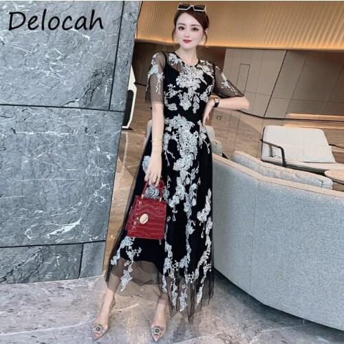 Delocah New 2021 Summer Women Fashion Designer Party Long Dress Short Sleeve Gorgeous Embroidery Elegant Slim Dresses Vestidos