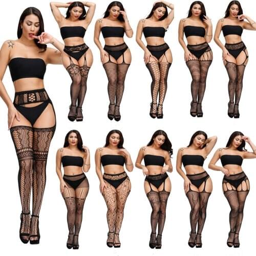 DOIAESKV New Sexy Women Suspender Pantyhose Plus Size Lace Top Tight Stocking Lingerie Garter Belt Fishnet Pantyhose Open Crotch
