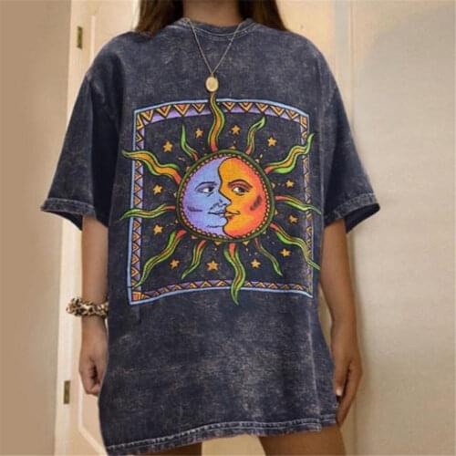 Harajuku Graphic Skulls Pattern Short Sleeve Tee-Shirts T Shirts Black Moon Sun Printing Y2k T-shirt Women Summer Female Top