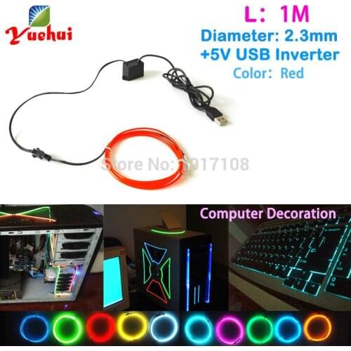 1Meter 2.3mm 5VUSB 10 Colors steady on driver Flexible Glow EL Wire Rope Neon Lights Electroluminescent For Wedding Decoration