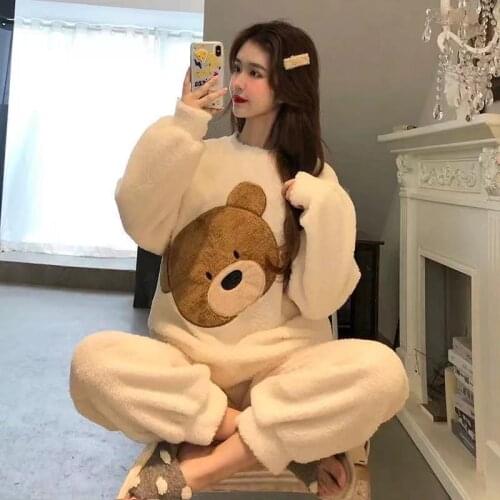 Korean Kawaii Cartoon Pajama Set New Winter Flannel Warm Pajamas Fashion Pijama Mujer Leisure Home Cloth Pyjamas Women Sleepwear