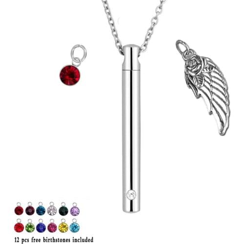 Angel Wing with 12 Piece Birthstone Pendant Charm bar Cylinder Memorial Urn Necklace Cremation Ashes Jewelry Keepsake