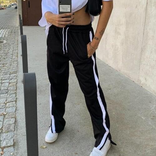 Hot Sale Popular Spilt Striped Sport Womens 2020 Autumn New Loose Wide Leg Fashion Urban Casual Versatile High Waist Long Pants