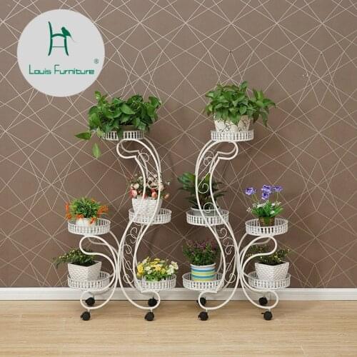 Louis Fashion Plant Shelve European Iron Art Flower Rack Multi-storey Movable Belt Wheel Floor Type Balcony Simplified