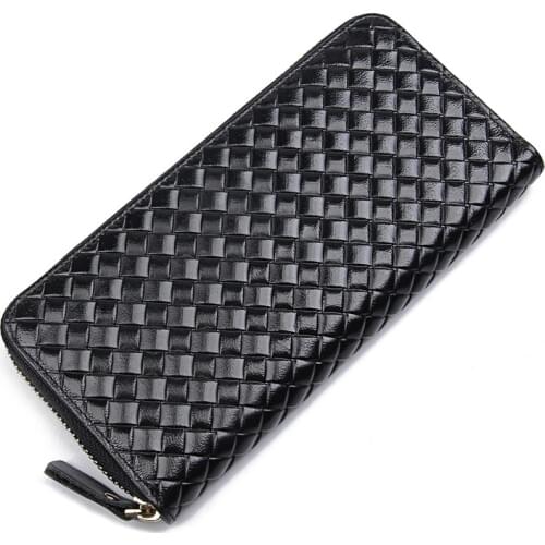 Genuine Leather Men Wallet Zipper Close Black Pressing Weavn Male Thin Cash Purses Card Holder for Man 2Color 8067A