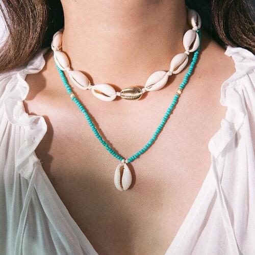 Ethnic Bohemian Style Natural Sea Shell Pendant Necklace Women Green Acrylic Beads Geometric Vintage Beach Necklace Jewelry