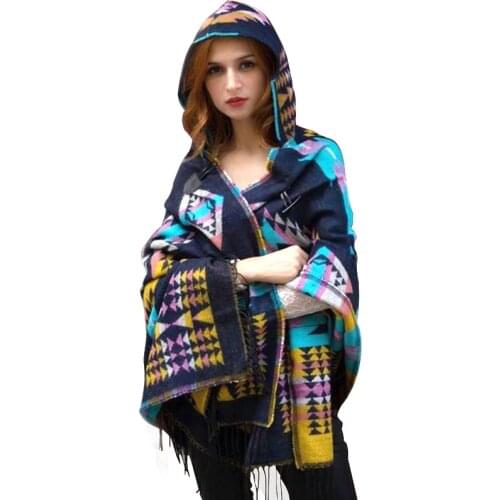 Luxury Winter Hooded Outwear Wool Blend poncho coat Boho Style Geometric Cardigan Sweater Blanket Cloak Womens Poncho Cape