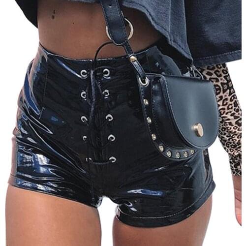 Sexy Shorts Women Cross Bandage Shorts Durable Solid Color Faux Leather Eyelet Cross Bandage High Waist Slim Shorts 2021