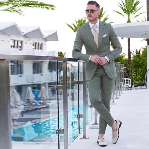 Sage One Buttons Mens Suits Slim Fit Wedding Grooms Tuxedos Notched Lapel Business Prom Suit (Jacket+Pants)