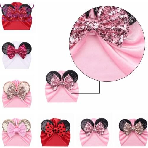 Nishine Newborn Baby Girls Glitter Sequins Bowknot Hat Shining Mickeys Ears Cap Toddler Soft Velvet Bonnet Children Headwear