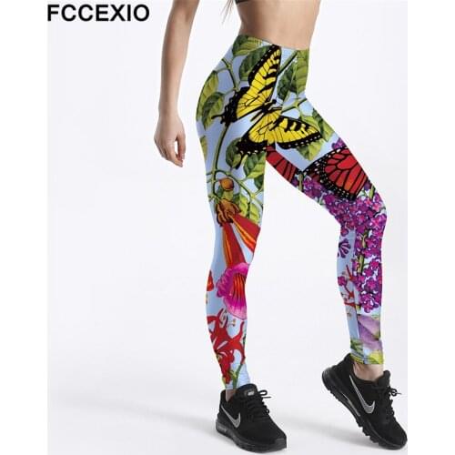 FCCEXIO Sportswear Butterfly Flowers Women Fitness Workout Fashion Leggings Digital Print Push Up Women Elastic Force Legging