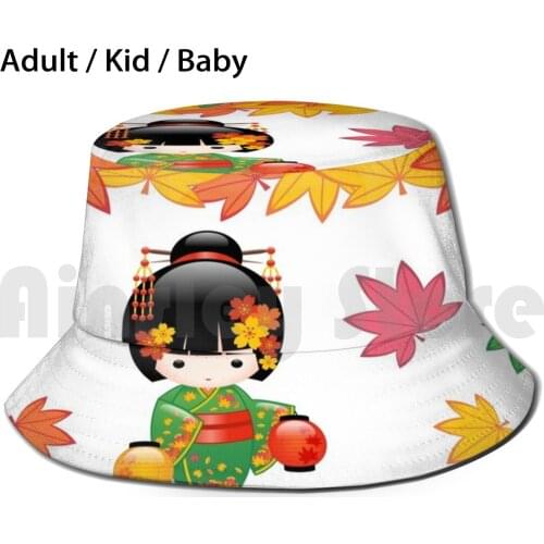 Japanese Fall Kokeshi Doll Bucket Hat Adult kid baby Beach Sun Hats Fall Kokeshi Doll Cute Girly Vector Geisha Autumn Kimono