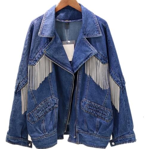 2020 Spring Autumn Women Loose Chain Tassel Denim Jacket Blue Students Casual zipper jeans coat