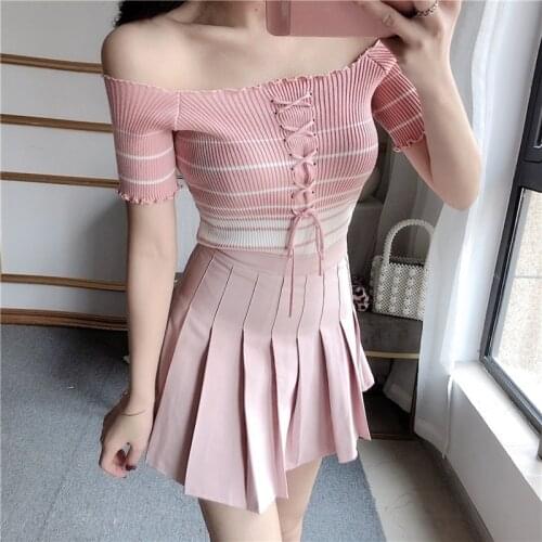 Women Ruffles Low Cut T-Shirt Bandage Short Sleeve Knitted Tee Tops Sexy Slim Striped Tee Shirt Casual Tops