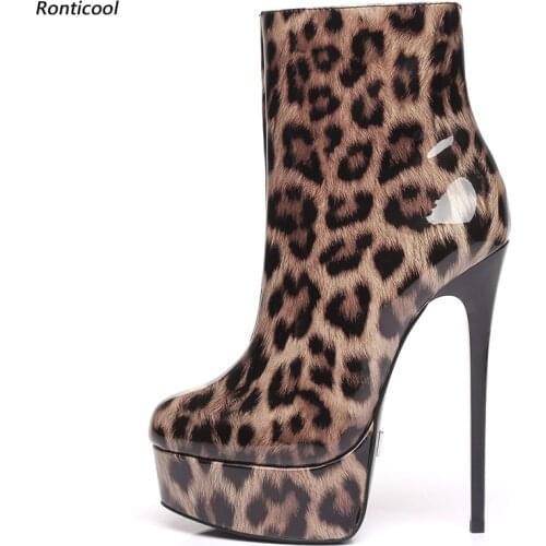 Ronticool New Women Ankle Boots Sexy Leopard Stiletto High Heels Round Toe Grey Blue Brown Night Club Shoes Plus US Size 5-20