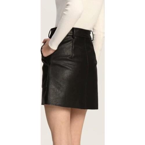 Women black mini skirts faux leather front zipper pockets A line solid back darts drop shipping XSSML full lining