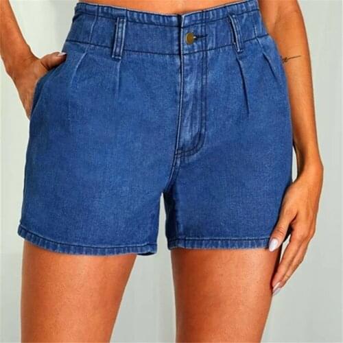Blue High Waist Straight Casual Denim Shorts Women 2021 Summer New 100% Pure Cotton Elastic Waist Solid Color Jeans Shorts Lady