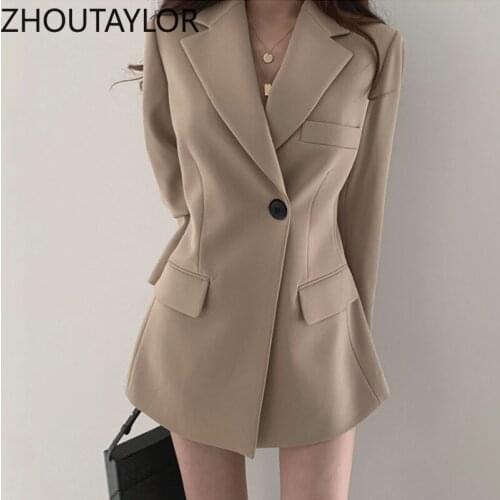 ZHOUTAYLOR Blazer Women Office Lady Button Full Sleeve Long Tops Femme Notched Collar Single Button Autumn New Coat Female