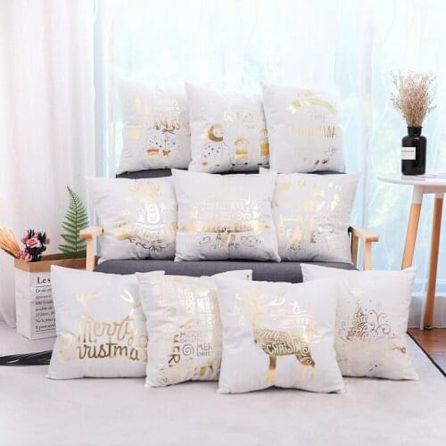 18" Christmas Gold Foil Letter Print Deer Head Cartoon Gold Gilding Velvet Sofa Throw Pillow Case Super Soft Plush Cushion Cover