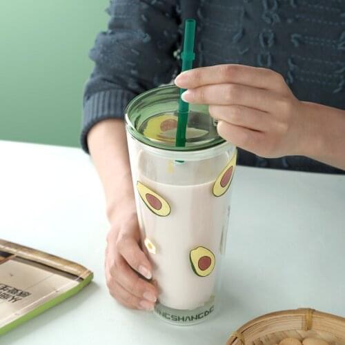 600ml Large Capacity Double Glass Straw Cup Avocado Cold Drink Glass Transparent Juice Milk Tea Cup with Lid