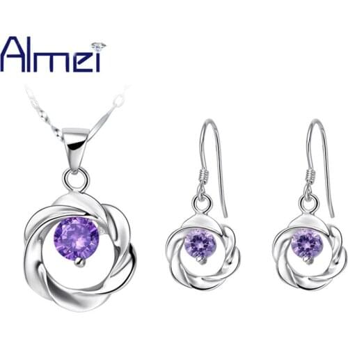 Almei Silver Statement Necklaces and Earrings Set Fashion Purple Crystal Jewelry Sets Women CZ Zircon Necklace Elegant T030
