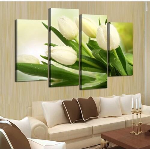 Unframed 4 Panels White Roses Flowers Print Oil Painting Modern Picture Canvas Wall Art for Wall Decor Home Decoration Artwork