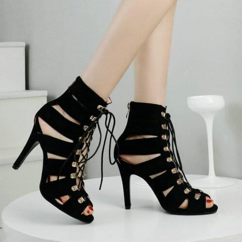 Black Apricot Faux Suede Summer Women Ankle Boots Fashion Peep Toe Thin High Heel Womens Shoes Cross Tied Zipper Ladies Shoes