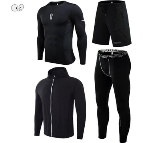 Quick Dry Fit Tracksuit 4 Pcs Sports Suits Mens Compression Sportswear Gym Tights Training Clothes Workout Jogging Running Set