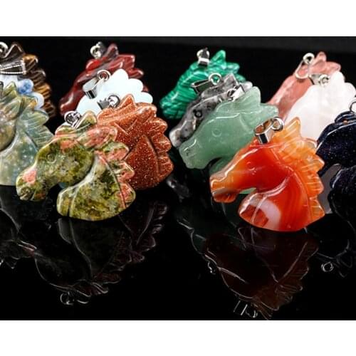 Fashion Horse Head Shape Necklace Pendant Natural Semi-precious Stone 14 Colors Crystal Agate Rose Quartz Pendant 45cm Chain