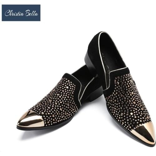 Christia Bella Men Crystal Shoes Brand Designer Shoes New Suede Genuine Leather Fashion Mens Flats Prom Male Loafers Plus Size