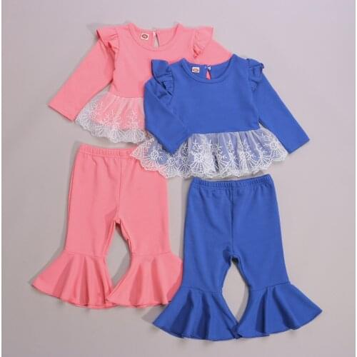 2 Pieces Kids Suit Set Toddler Lace Trim Round Neck Long Sleeve Tops+ Solid Color Flared Trousers for Toddler Girls 1-5 Years