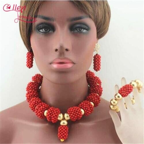 Fashion Orange Coral Pendant Necklace Set nigerian Wedding coral beads African beads Jewelry Set Bridesmaid Necklace E1018