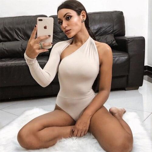 2021 Winter Fashion Trend Womens Bodysuit One Shoulder Sexy Halter Long-sleeve Bandage Jumpsuit Romper Ladies Tops