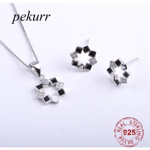 Pekurr 925 Sterling Silver Black Flower Wreath Round Hoop Earrings Necklace Sets For Women Zircon Pendants Jewelry Sets