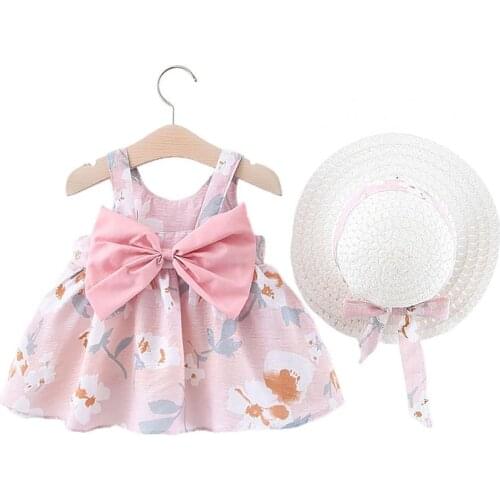 Princess Dress Baby Girl Dress Sleeveless Floral Print Large Hem Bowknot Lovely Cotton Dress with Sunhat for Summer