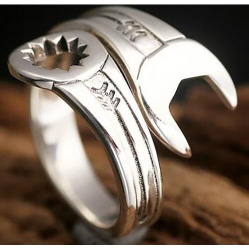 Silver original creative domineering exaggerated niche design craftsmanship without inlaid mens open adjustable wrench ring