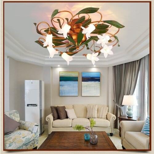Glass Flower Green Leaves Circular Ceiling Lights American Garden Simple Artistic Ceiling Lighting Living Room Art Deco Lamp