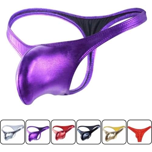 2019 Men Gay Thong Sexy Stripe Cotton Underwear shorts Bare Buttocks Patent Leather Underpants Pouch Thong G-String majtki men