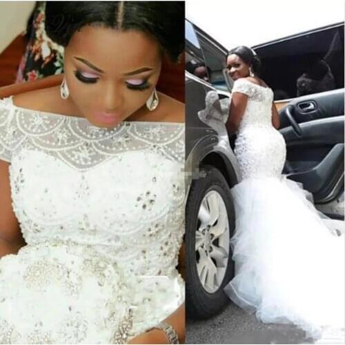 African New Fashion Tulle Mermaid Wedding Dress 2021 Cap Short Sleeve Crystals Pearls Court Train Zip Up Vintage Wedding Gowns