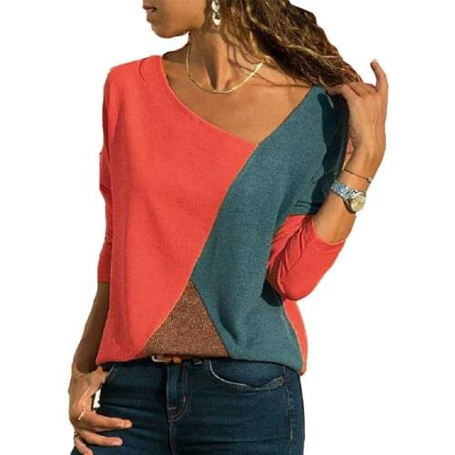 Spring Women Tops Elegant 2021 Fashion Autumn Female Tee Color Patchwork Casual Long Sleeve V-Neck Loose Work Ladies T-Shirt