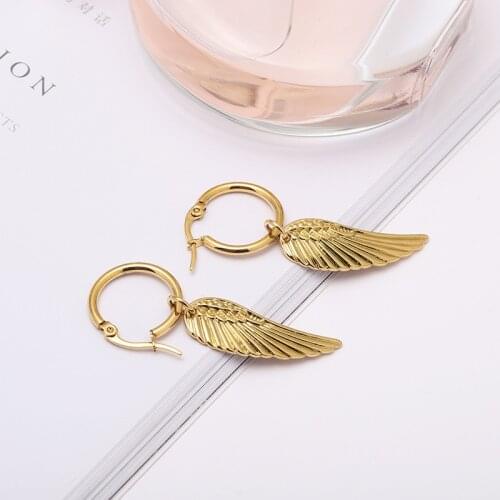 Gold Stainless Steel Angel Wings Dangle Earrings for Men Boy Fashion Feathers Earring Punk Cool Male Jewelry